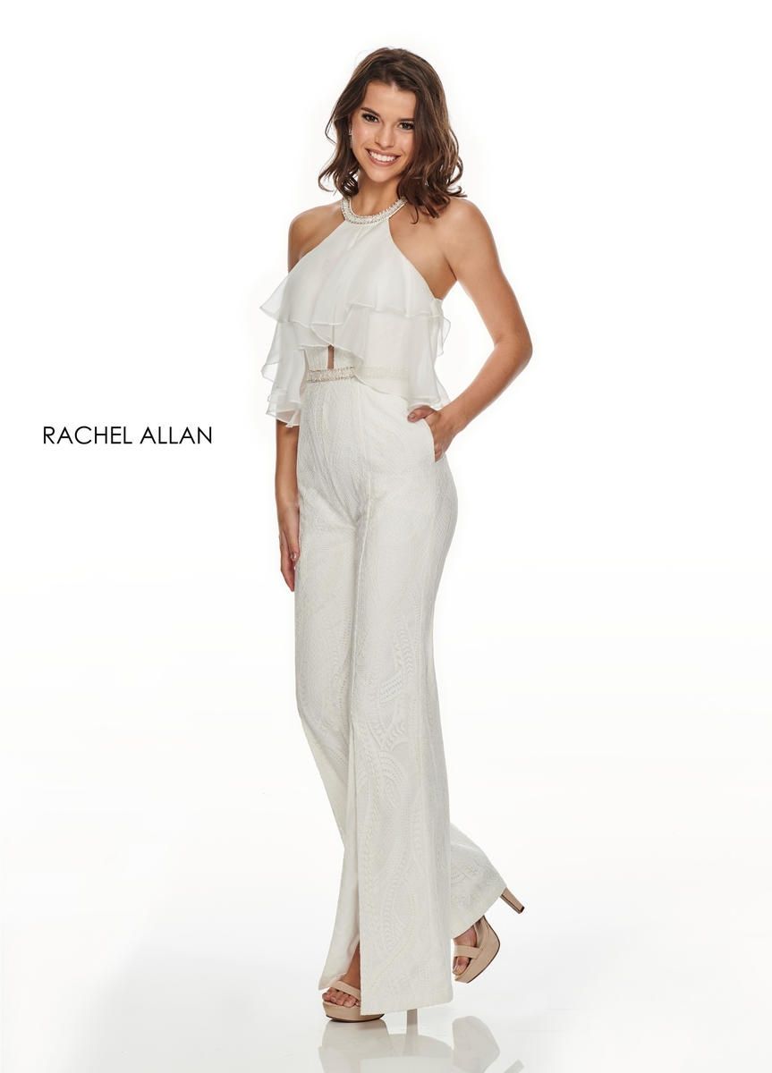 Style L1265 Rachel Allan Size 2 Homecoming Halter Lace White Formal Jumpsuit on Queenly
