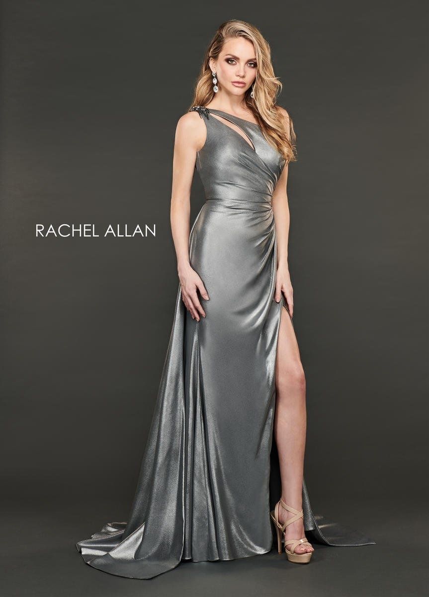 Style 8406 Rachel Allan Size 10 Prom Silver Side Slit Dress on Queenly
