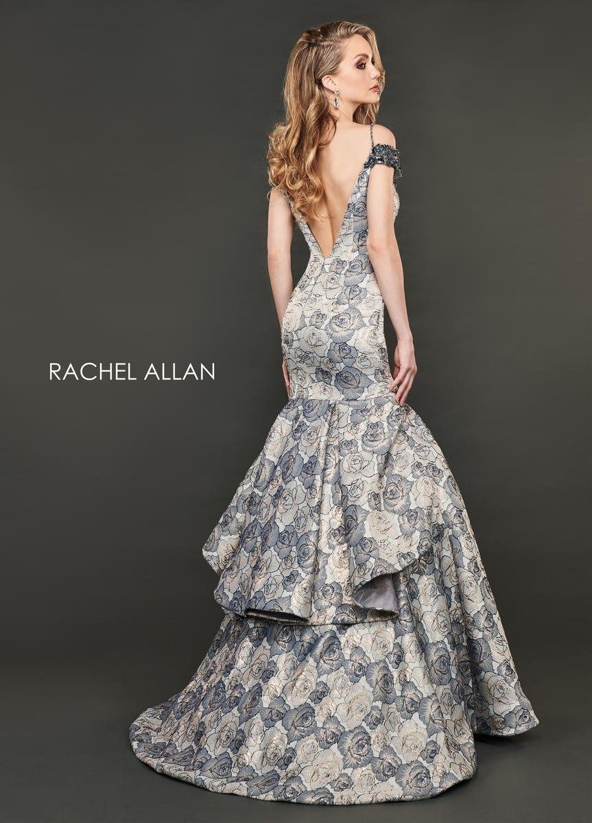 Style 8401 Rachel Allan Size 0 Prom Off The Shoulder Floral Navy Gold Mermaid Dress on Queenly
