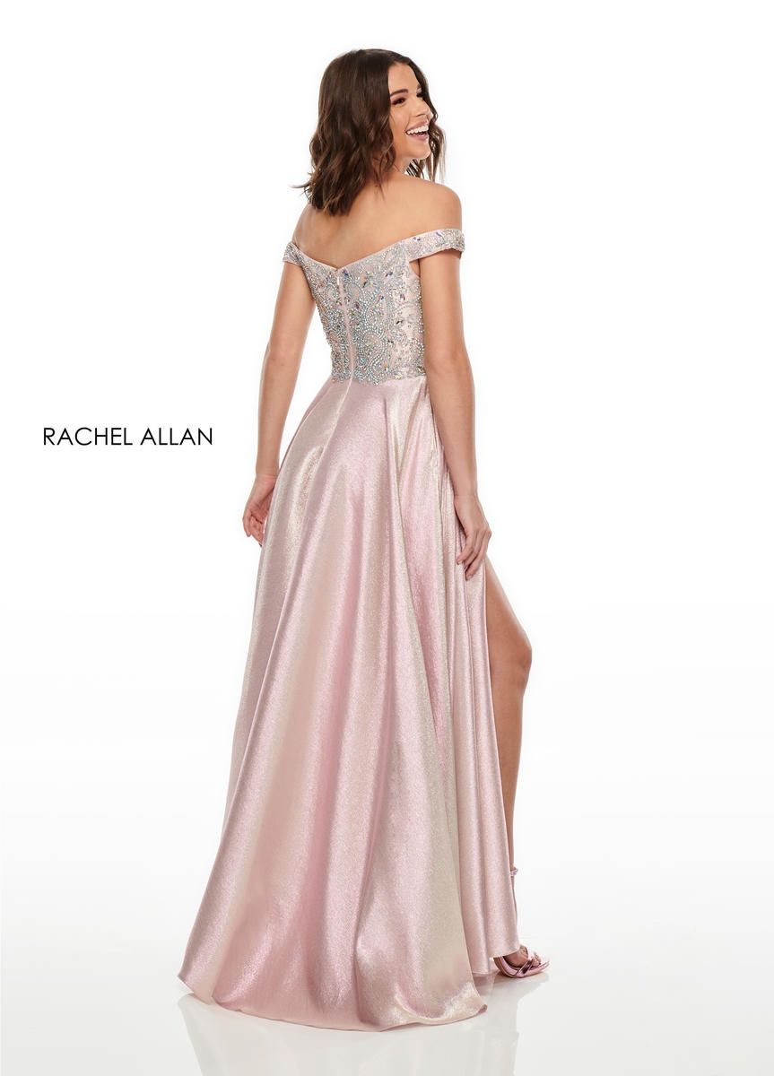 Style 7146 Rachel Allan Size 4 Prom Off The Shoulder Light Pink Side Slit Dress on Queenly