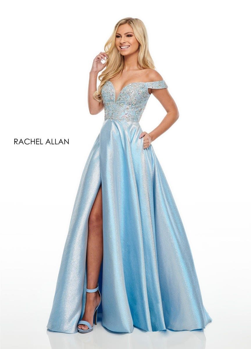 Style 7146 Rachel Allan Size 14 Prom Off The Shoulder Light Blue Side Slit Dress on Queenly