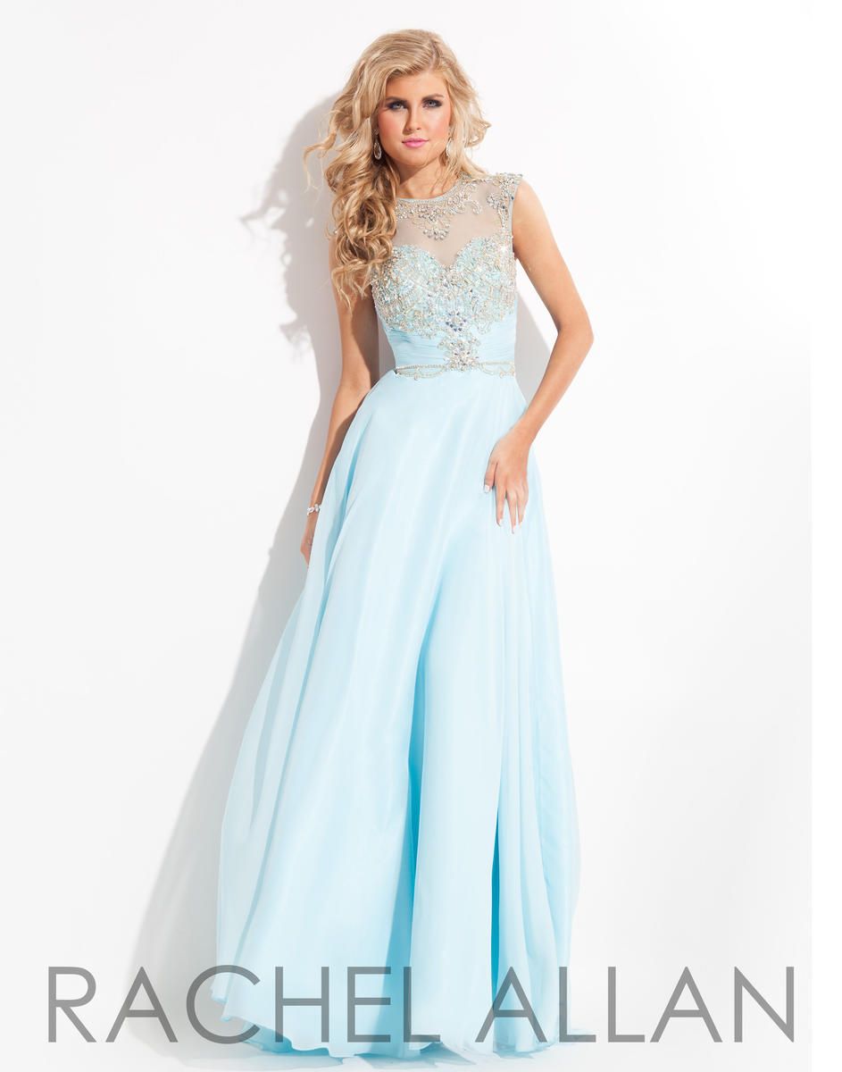 Style 6816 Rachel Allan Size 4 Prom Sheer Light Blue A-line Dress on Queenly