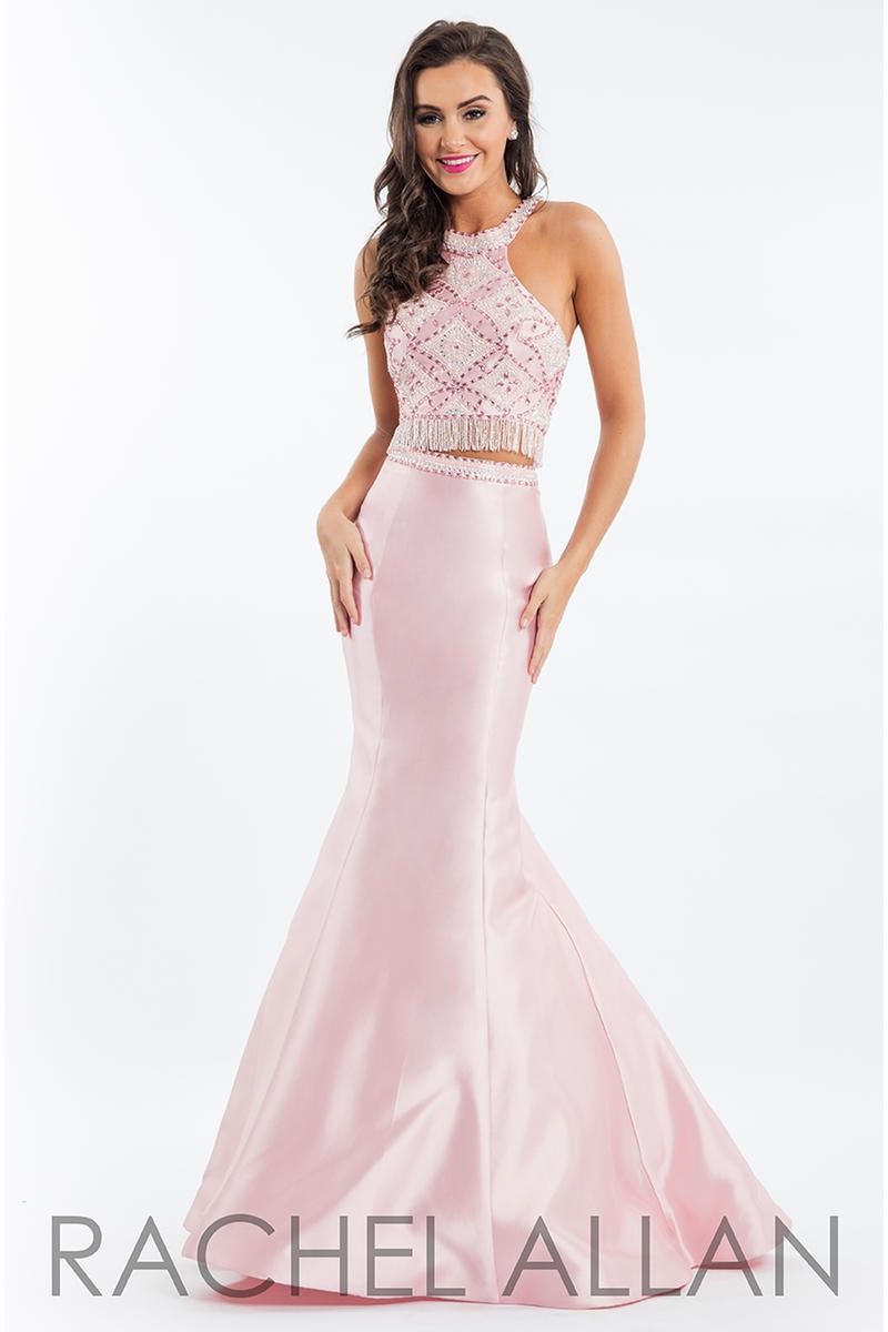 Style 7557 Rachel Allan Size 2 Prom Halter Satin Light Pink Mermaid Dress on Queenly