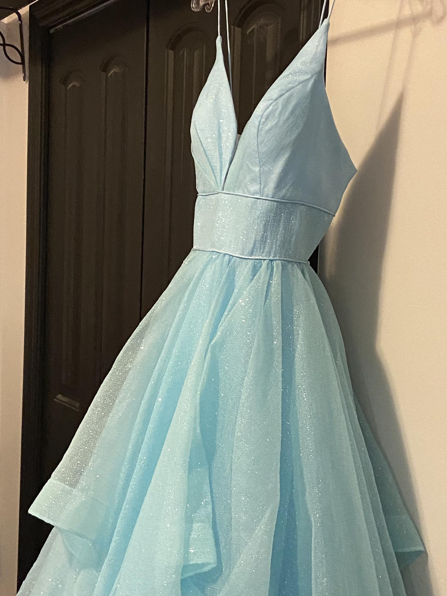 Size 12 Prom Plunge Satin Light Blue Ball Gown on Queenly