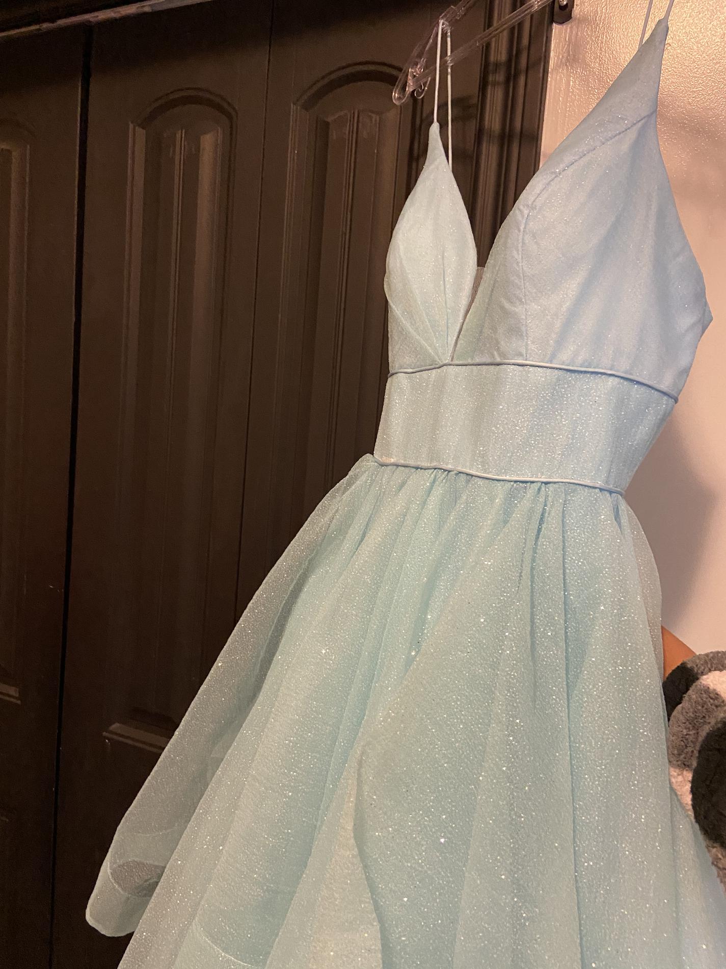 Size 12 Prom Plunge Satin Light Blue Ball Gown on Queenly