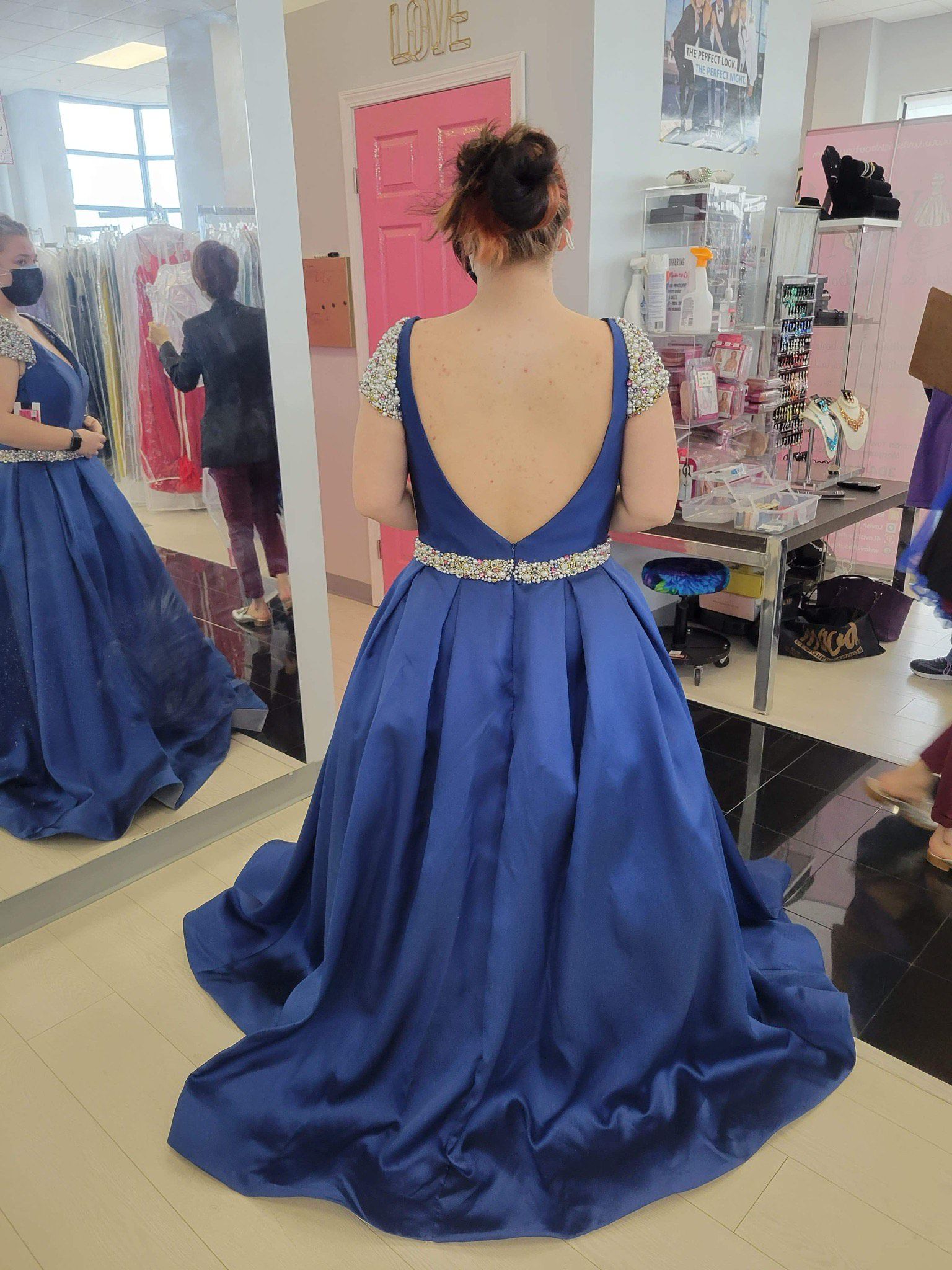 Mac Duggal Size 14 Prom Plunge Satin Royal Blue Ball Gown on Queenly