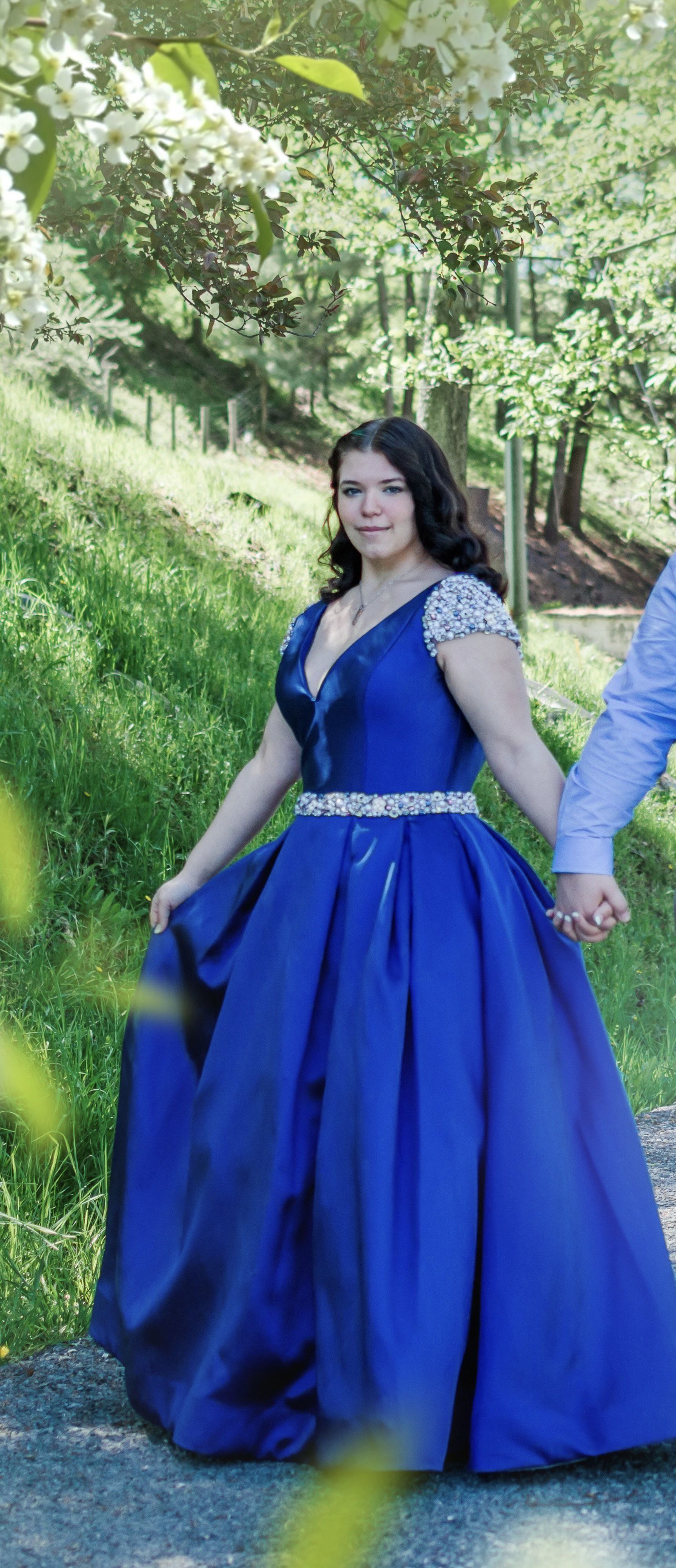 Mac Duggal Size 14 Prom Plunge Satin Royal Blue Ball Gown on Queenly