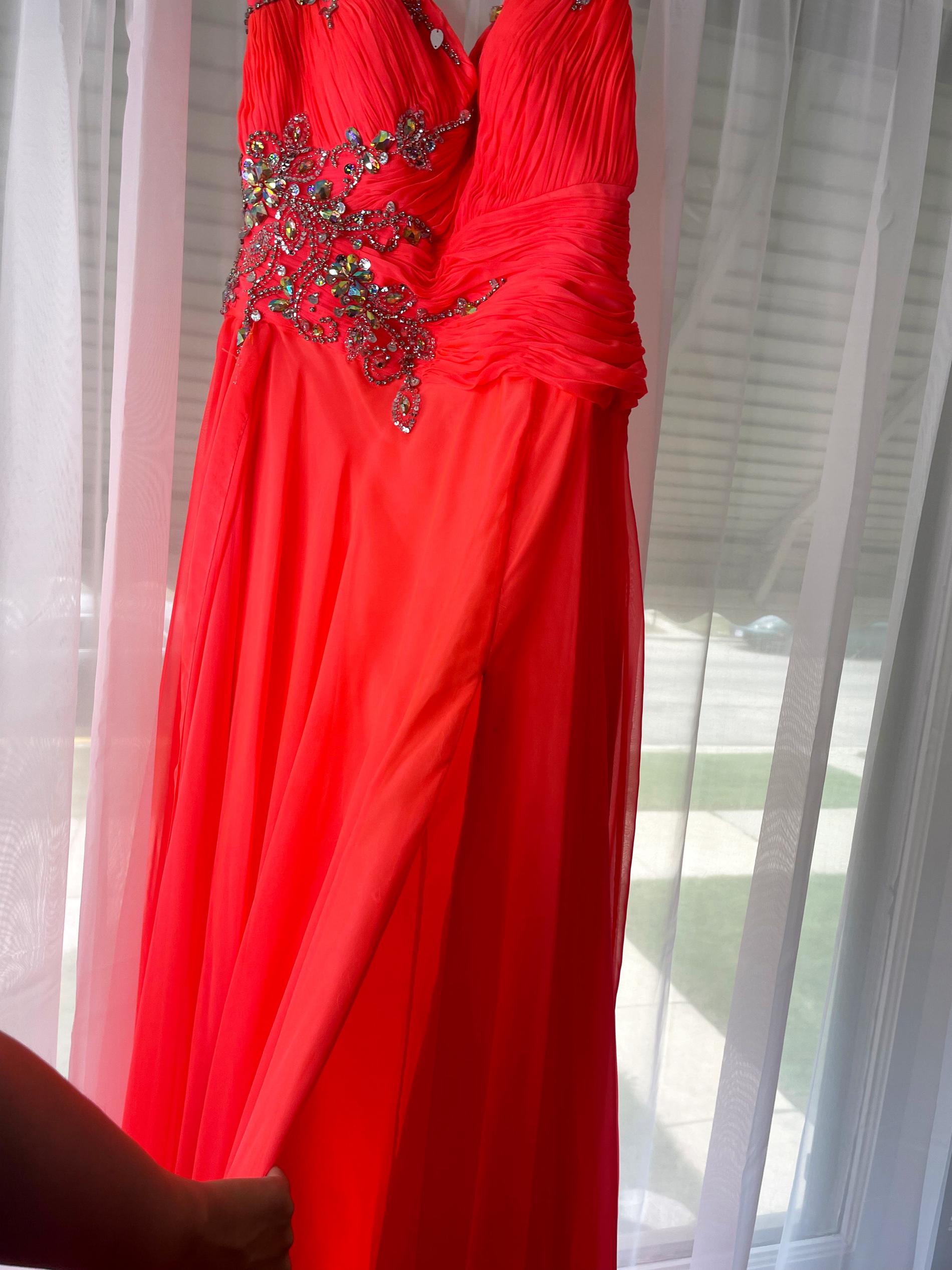 Size 12 Prom Halter Sequined Coral Floor Length Maxi on Queenly