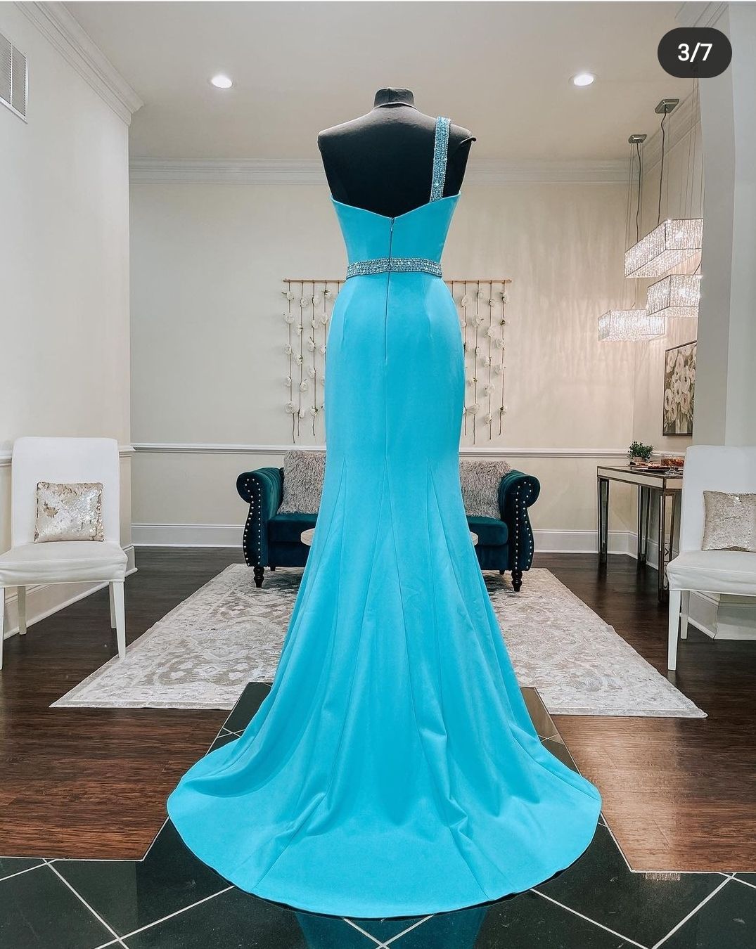 Jovani Size 2 Prom Strapless Satin Turquoise Blue Side Slit Dress on Queenly