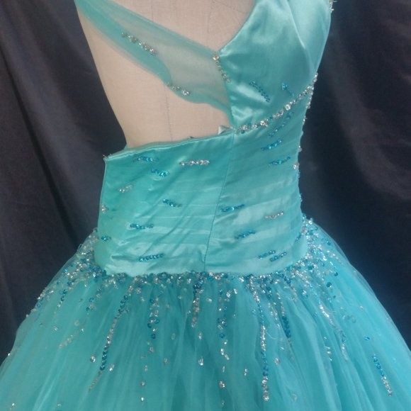 MoriLee Size 00 Prom Plunge Satin Blue Ball Gown on Queenly