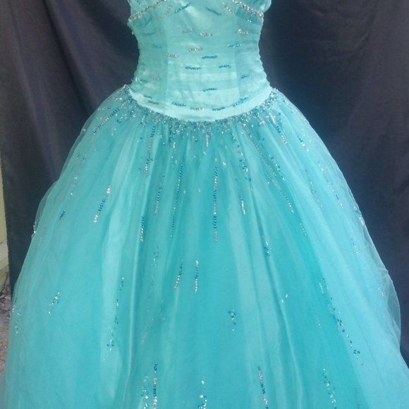 MoriLee Size 00 Prom Plunge Satin Blue Ball Gown on Queenly