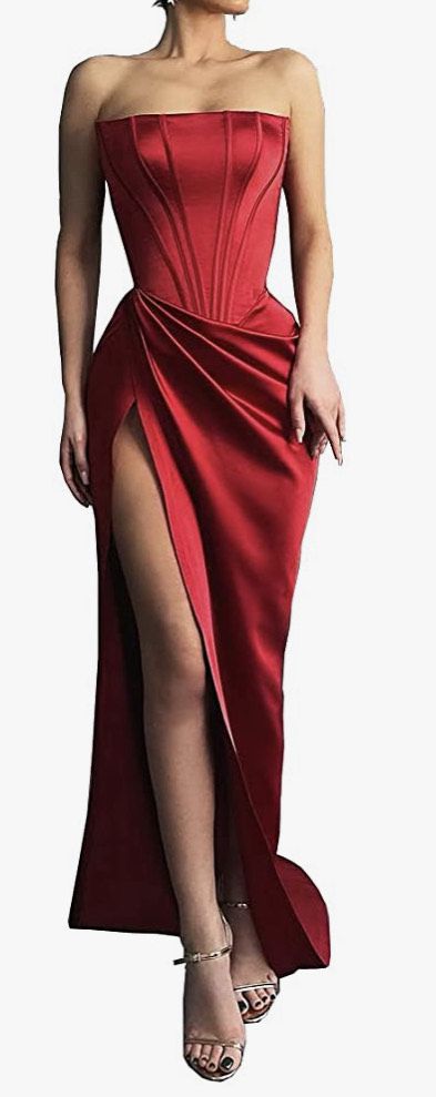 Size 8 Prom Strapless Satin Burgundy Red Side Slit Dress on Queenly