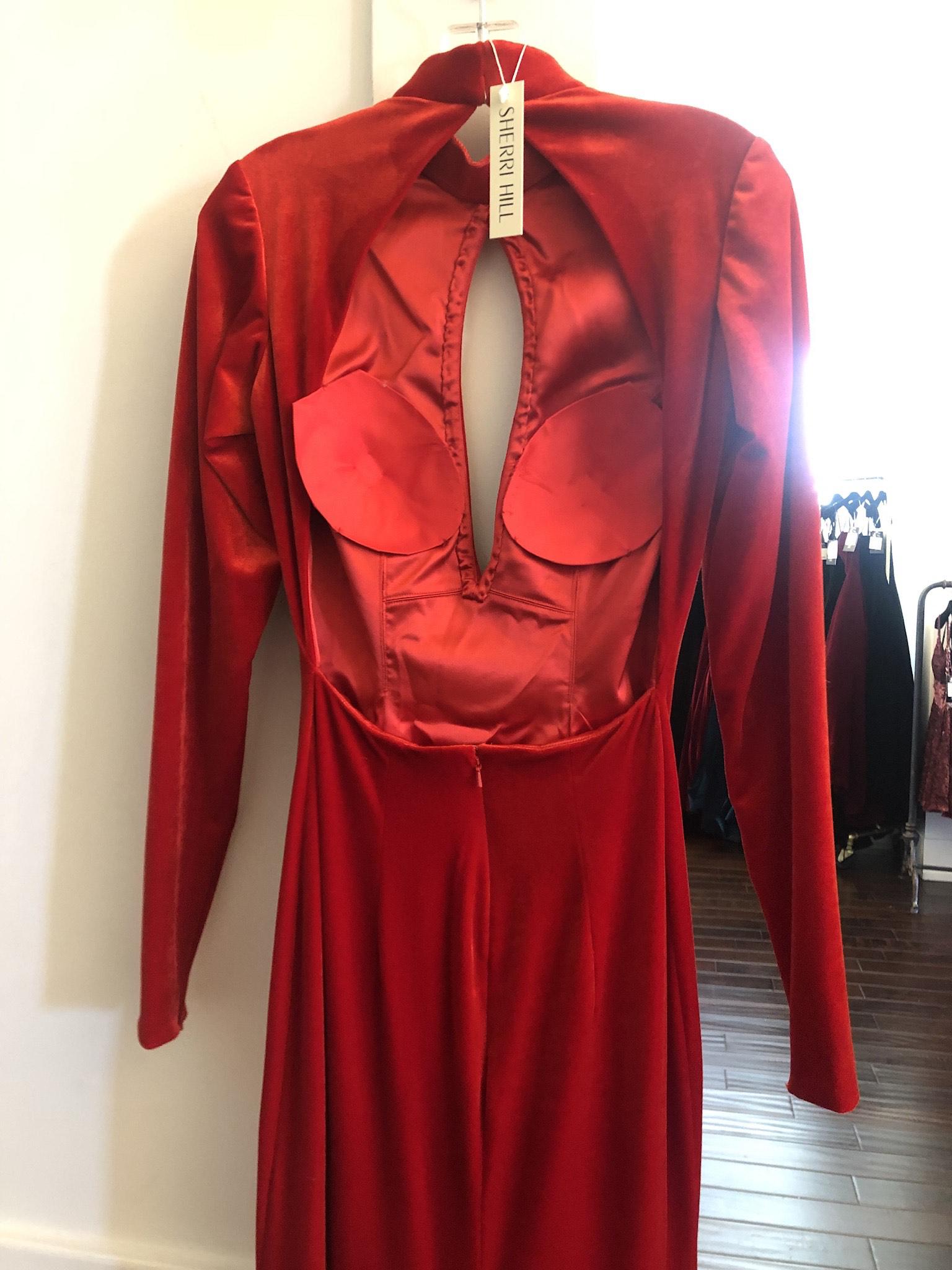 Sherri hill couture Size 6 Prom Long Sleeve Velvet Red Mermaid Dress on Queenly