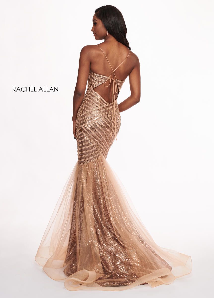 Style 6513 Rachel Allan Size 14 Prom Gold Mermaid Dress on Queenly