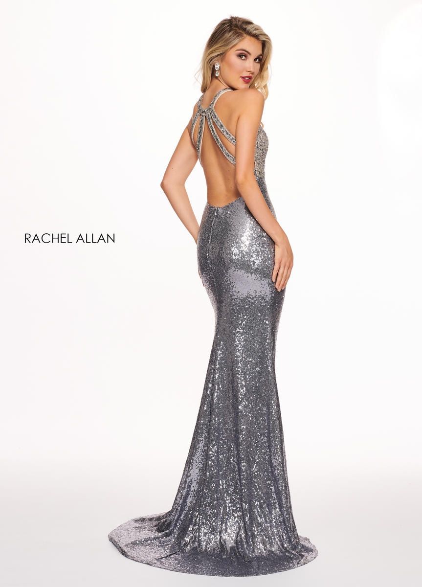 Style 6630 Rachel Allan Size 6 Prom Halter Silver Mermaid Dress on Queenly