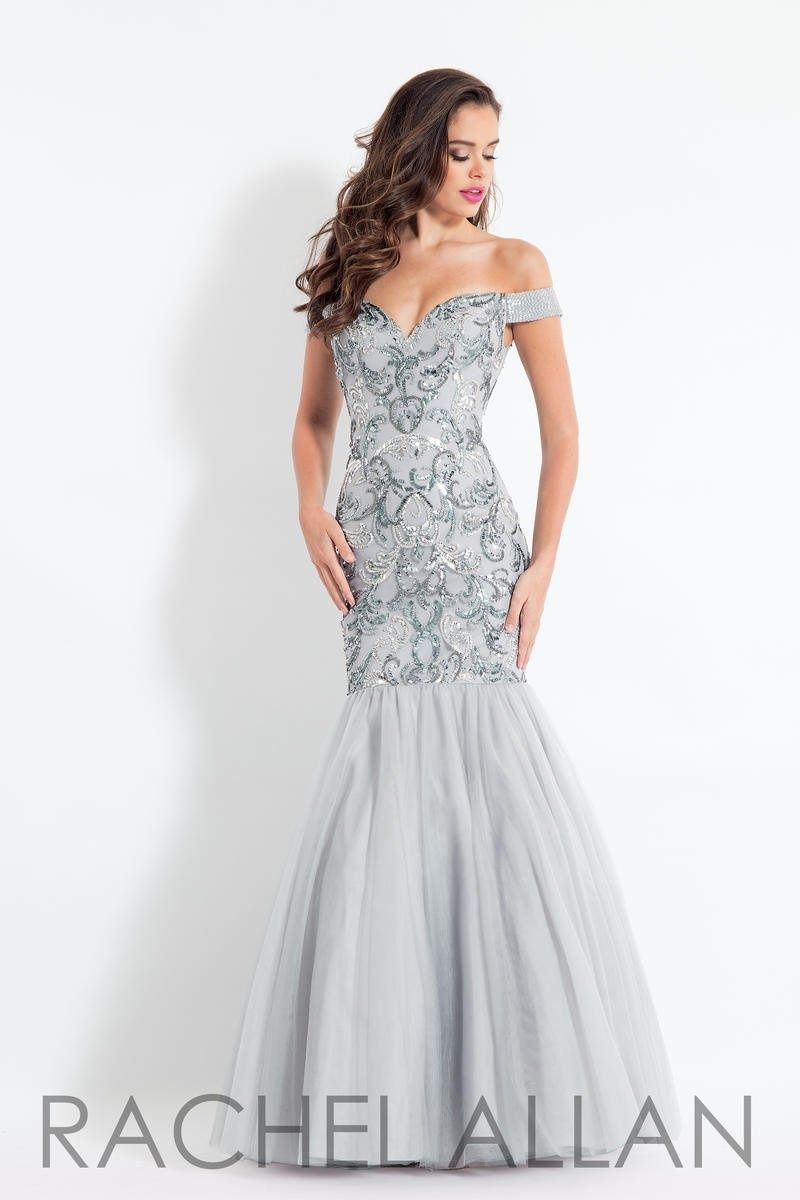 Style 6193 Rachel Allan Size 4 Prom Off The Shoulder Silver Mermaid Dress on Queenly