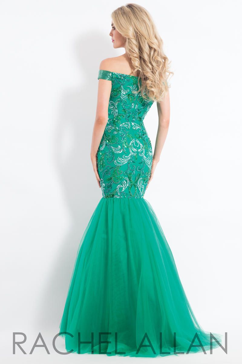 Style 6193 Rachel Allan Size 4 Prom Off The Shoulder Emerald Green Mermaid Dress on Queenly