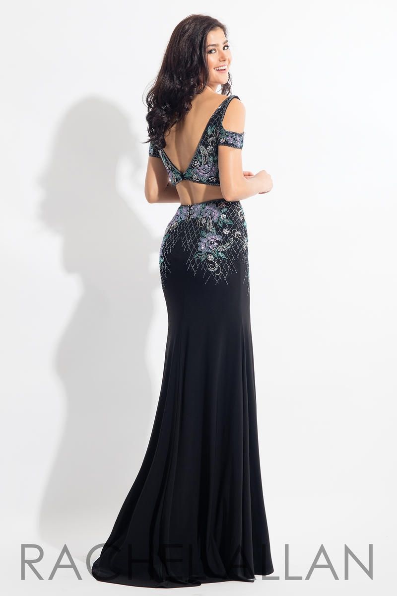 Style 6018 Rachel Allan Size 10 Prom Off The Shoulder Black Side Slit Dress on Queenly