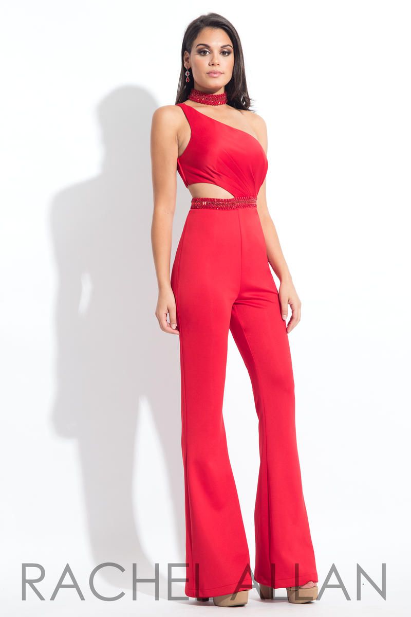 Style L1161 Rachel Allan Size 4 Prom High Neck Red Formal Jumpsuit on Queenly