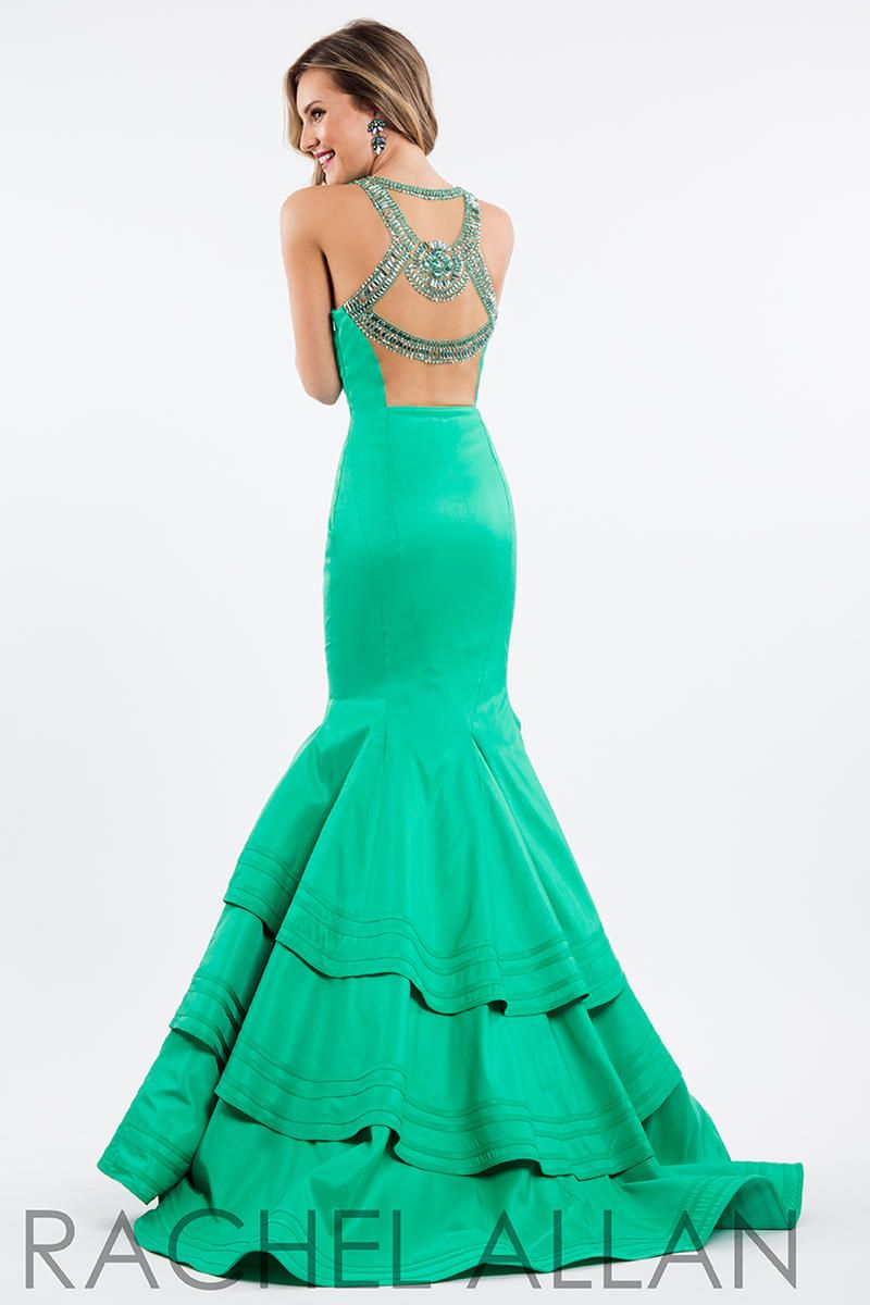 Style 7582 Rachel Allan Size 10 Prom Satin Emerald Green Mermaid Dress on Queenly