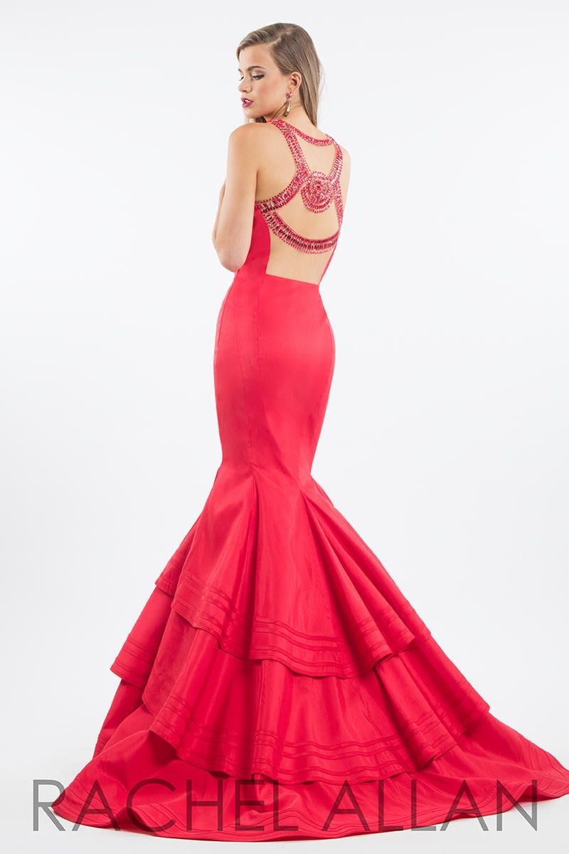 Style 7582 Rachel Allan Size 6 Prom Satin Red Mermaid Dress on Queenly