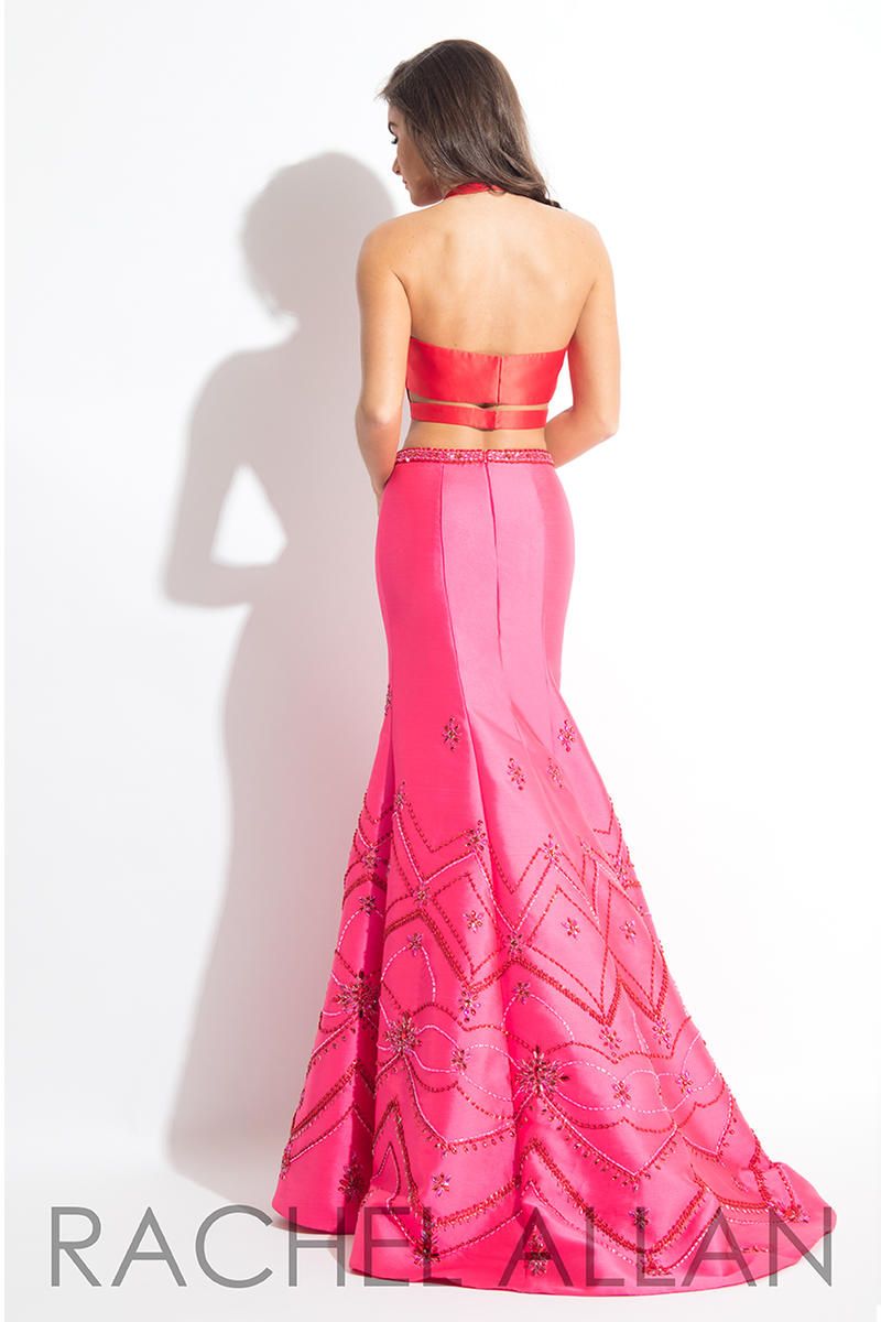 Style 7502 Rachel Allan Size 6 Prom Halter Satin Hot Pink Mermaid Dress on Queenly