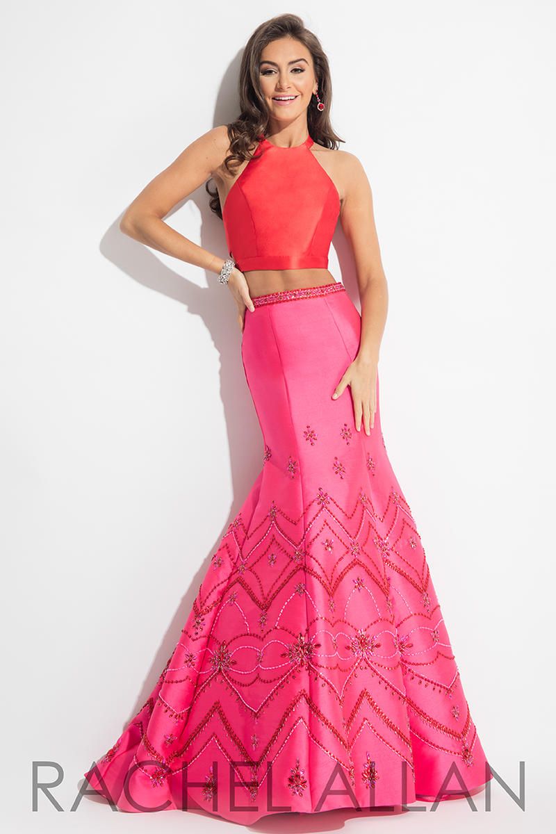 Style 7502 Rachel Allan Size 6 Prom Halter Satin Hot Pink Mermaid Dress on Queenly