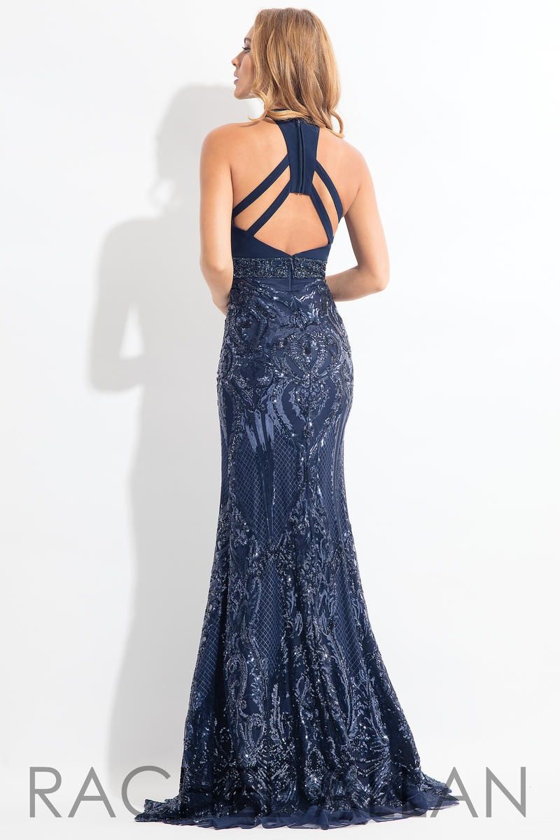 Style 6190 Rachel Allan Size 12 Prom Plunge Sequined Navy Blue Mermaid Dress on Queenly