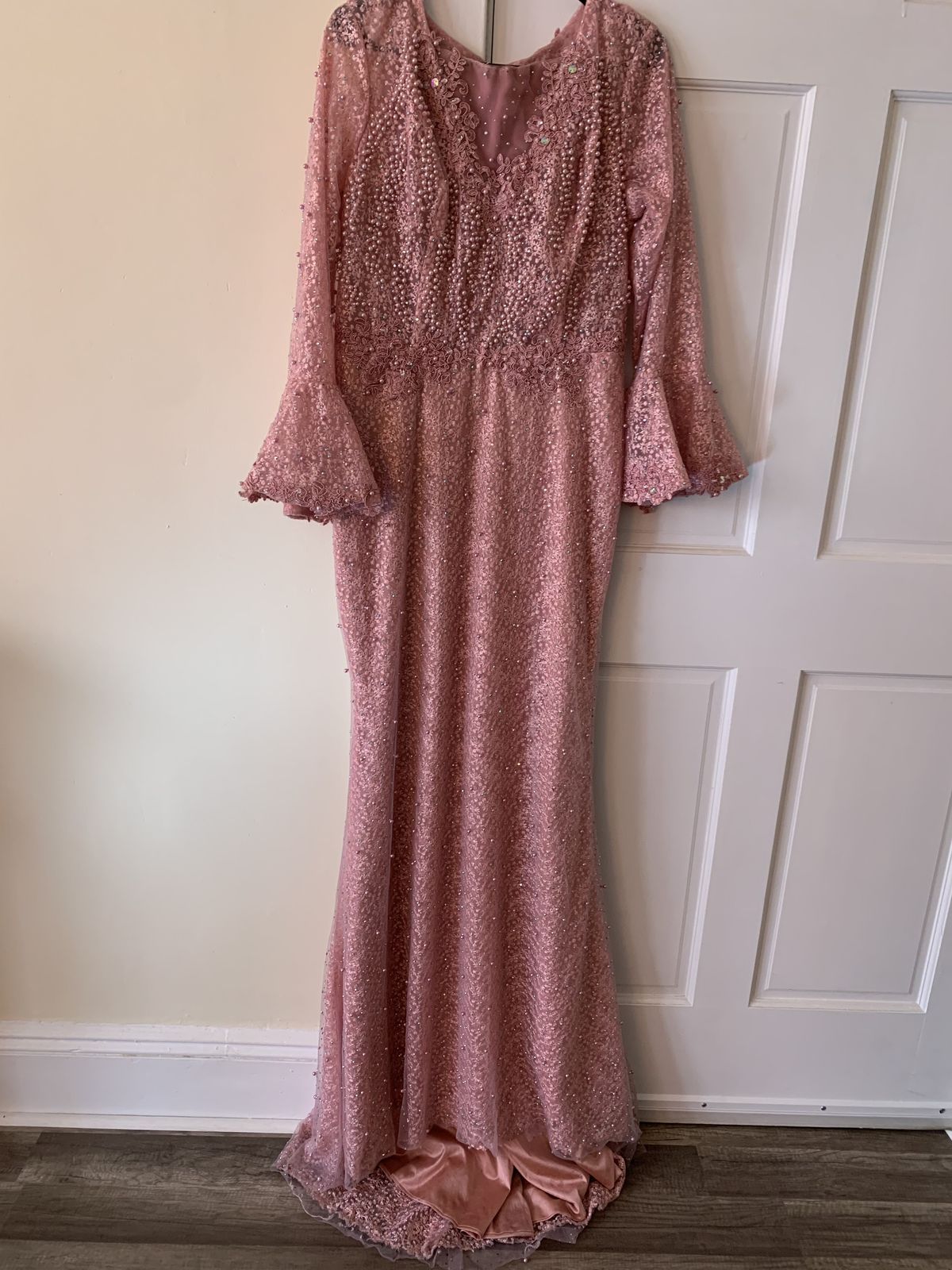 Size 14 Long Sleeve Sheer Light Pink Floor Length Maxi on Queenly
