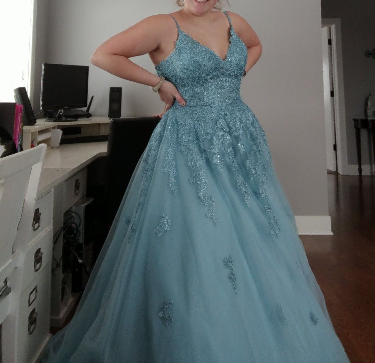 Sherri Hill Plus Size 16 Prom Lace Light Blue Ball Gown on Queenly