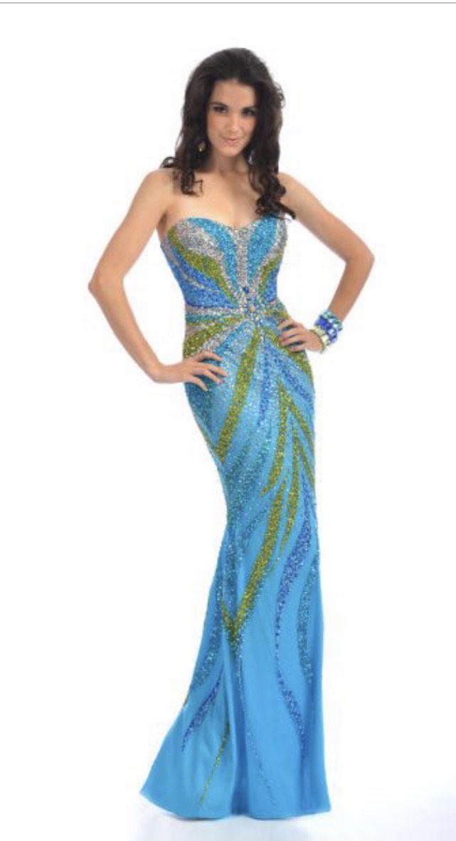 Party Time Formal Size 6 Prom Strapless Sequined Turquoise Multicolor Floor Length Maxi on Queenly