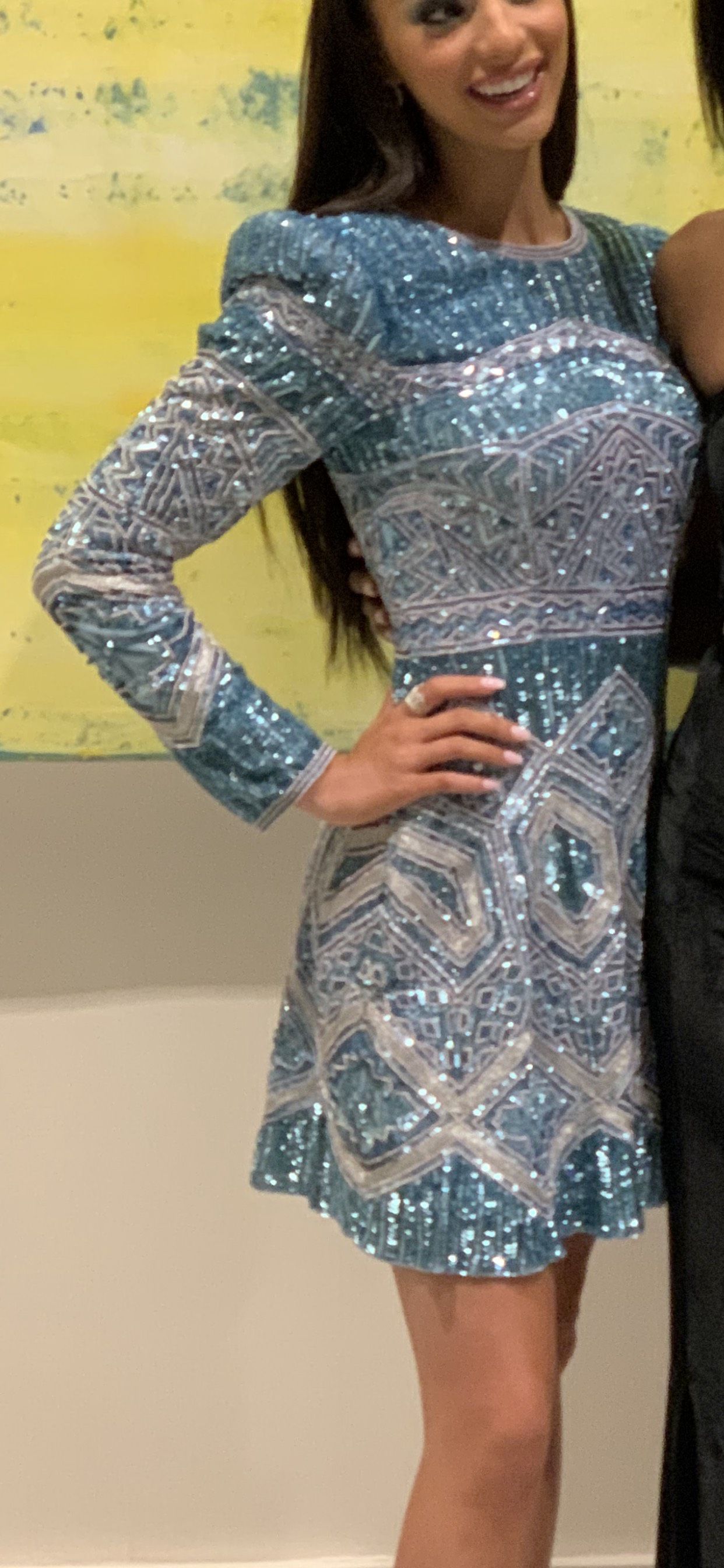 Sherri Hill Size 0 Homecoming Long Sleeve Sequined Blue Cocktail Dress on Queenly