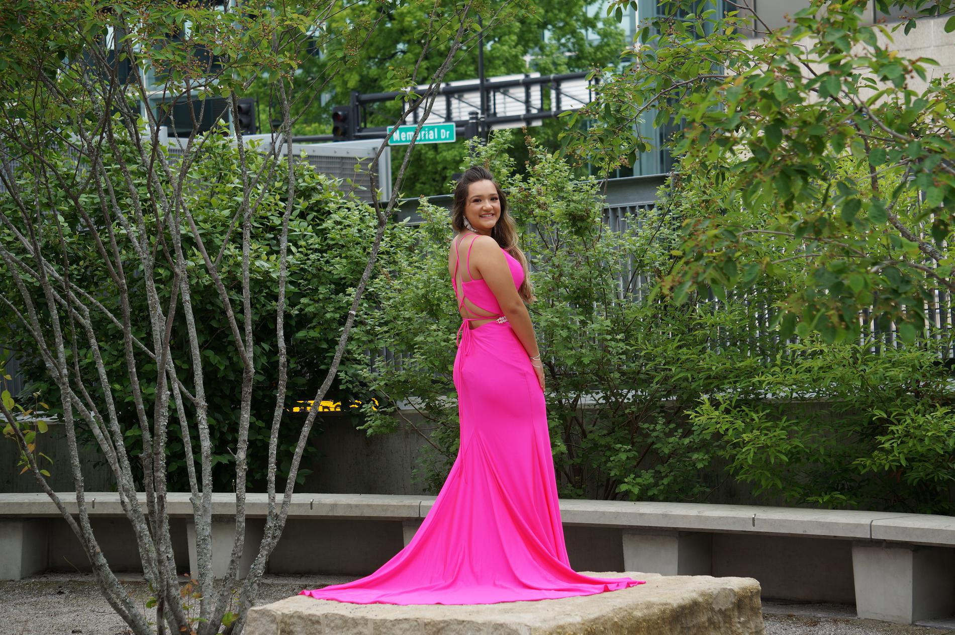 Size 4 Prom Plunge Satin Hot Pink Mermaid Dress on Queenly