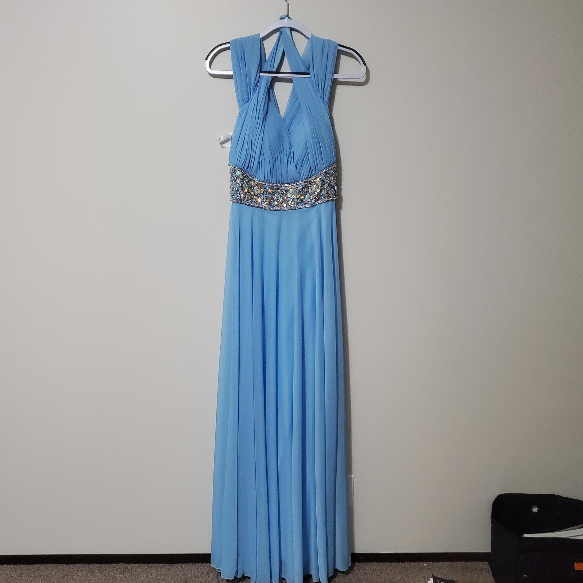 Jovani Size 10 Bridesmaid Cap Sleeve Sequined Light Blue A-line Dress on Queenly