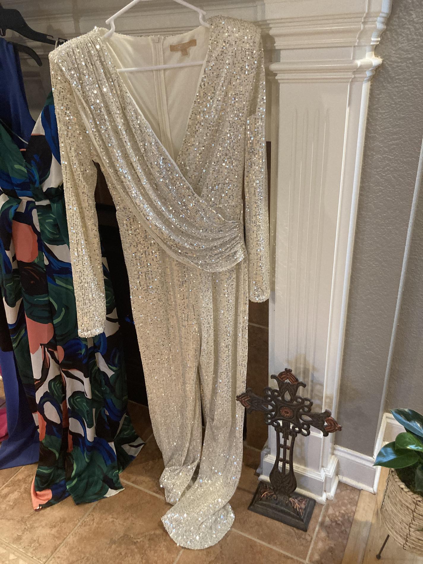 Size 8 Long Sleeve Sequined White Formal Jumpsuit on Queenly