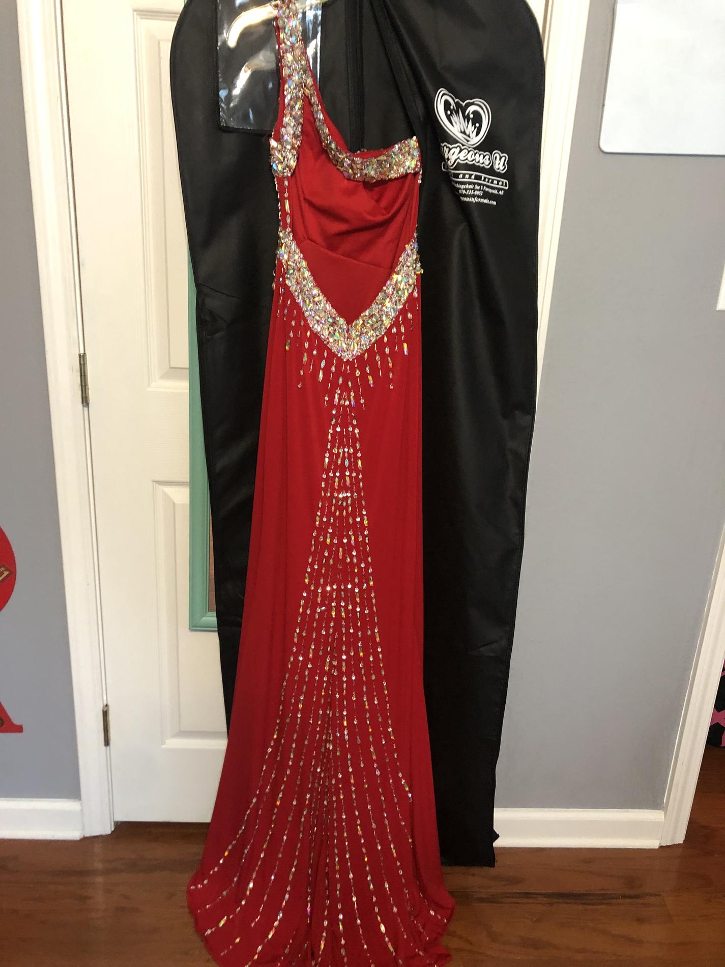 Size 00 Prom One Shoulder Sequined Red Floor Length Maxi on Queenly