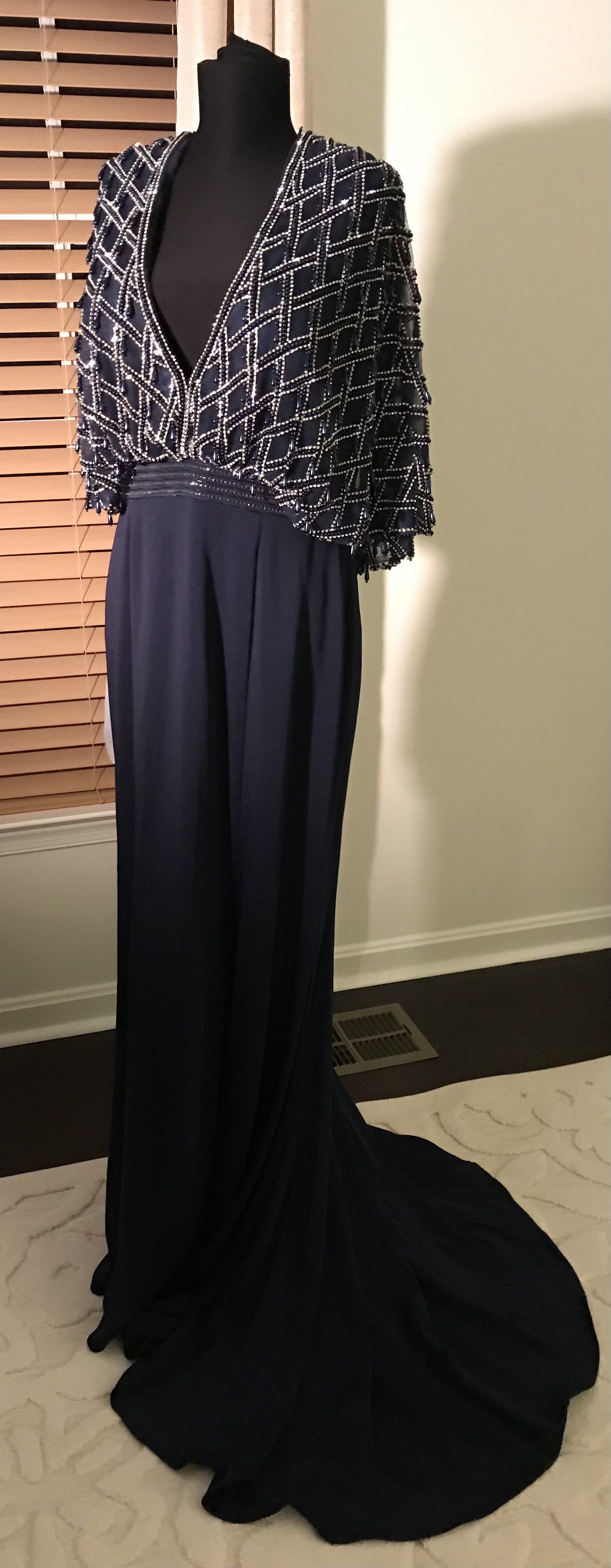 Mac Duggal Size 10 Sequined Navy Blue Dress With Train on Queenly