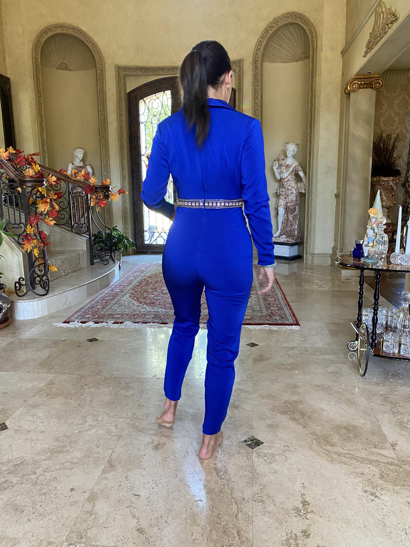 MacDuggal Jumpsuit Size 4 Pageant Interview Plunge Sequined Royal Blue Formal Jumpsuit on Queenly