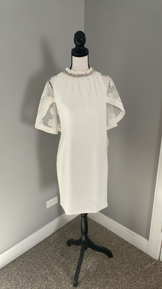 Europe style Size 2 Wedding Guest High Neck Lace White Cocktail Dress on Queenly