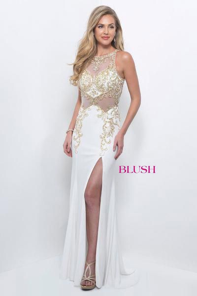 Blush Prom Size 4 Wedding High Neck Lace White Side Slit Dress on Queenly
