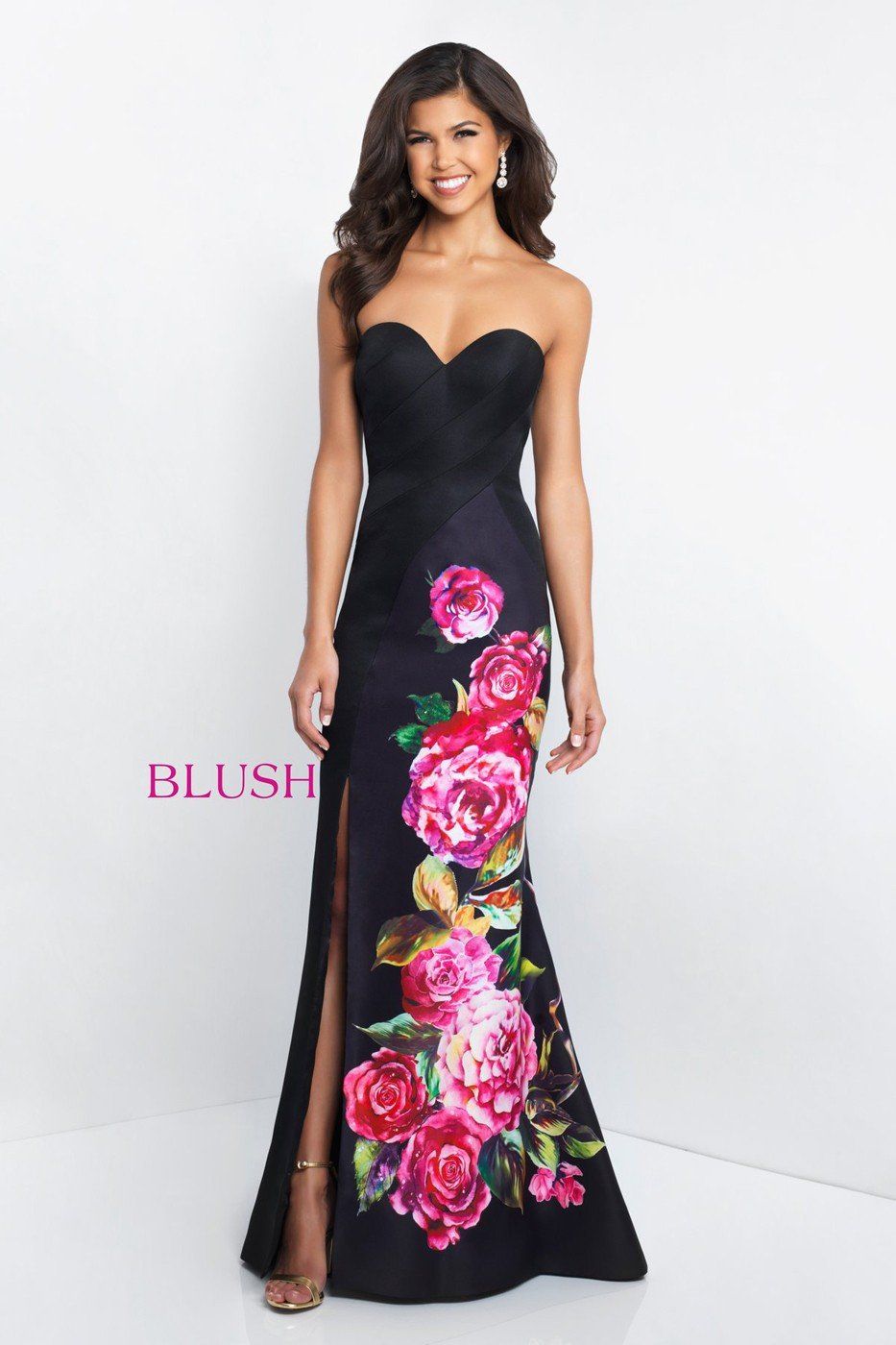 Blush Prom Size 6 Strapless Floral Black Side Slit Dress on Queenly