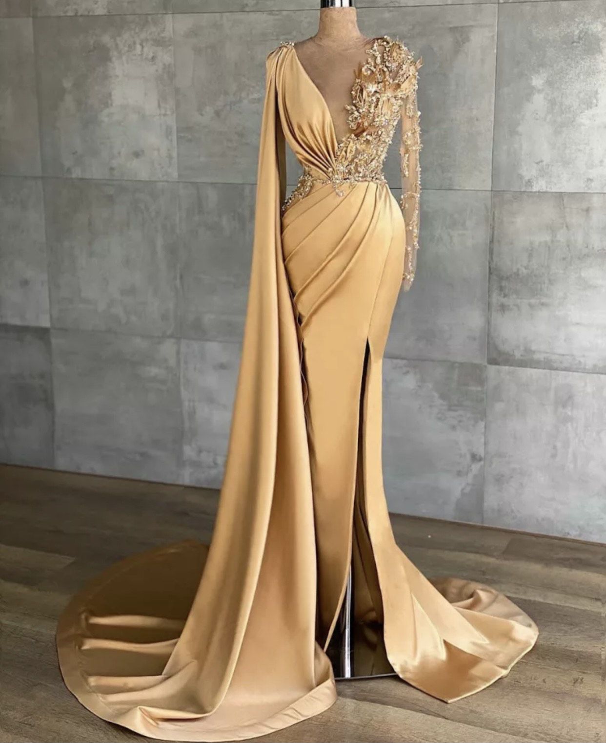 Size 8 Pageant Plunge Satin Gold Mermaid Dress on Queenly