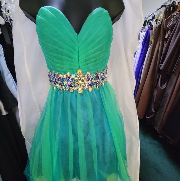 Style E40041 Josh and Jazz Size 4 Prom Turquoise Green Cocktail Dress on Queenly