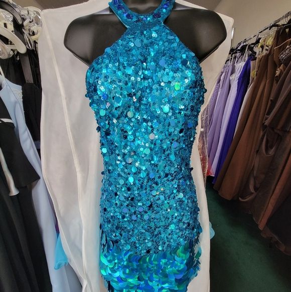 Style P8874 Precious Formals Size 4 Prom Halter Sequined Turquoise Blue Cocktail Dress on Queenly