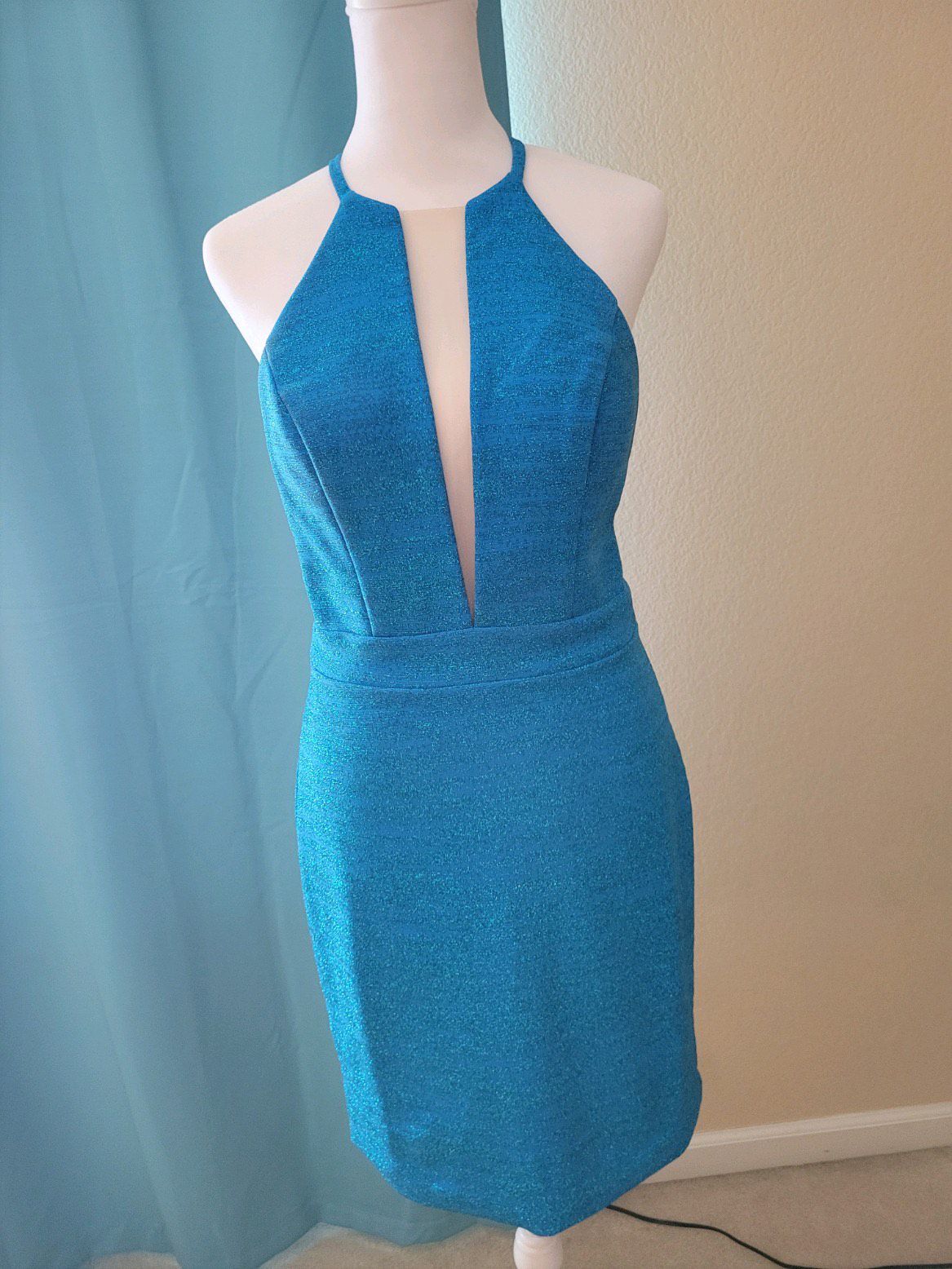 Jovani Size 4 Homecoming Plunge Sheer Blue Cocktail Dress on Queenly