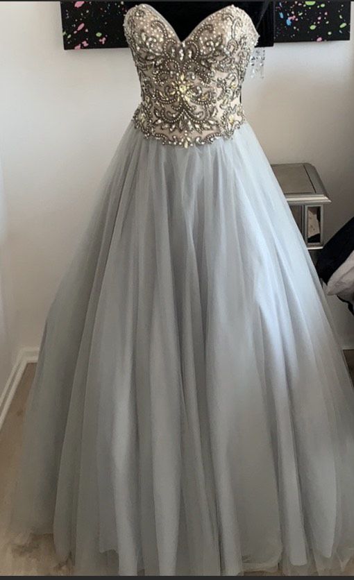 Terani Couture Size 2 Prom Strapless Sequined Silver Ball Gown on Queenly
