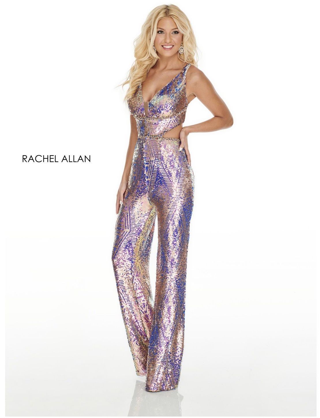 Rachel Allan Size 4 Prom Plunge Sheer Multicolor Formal Jumpsuit on Queenly