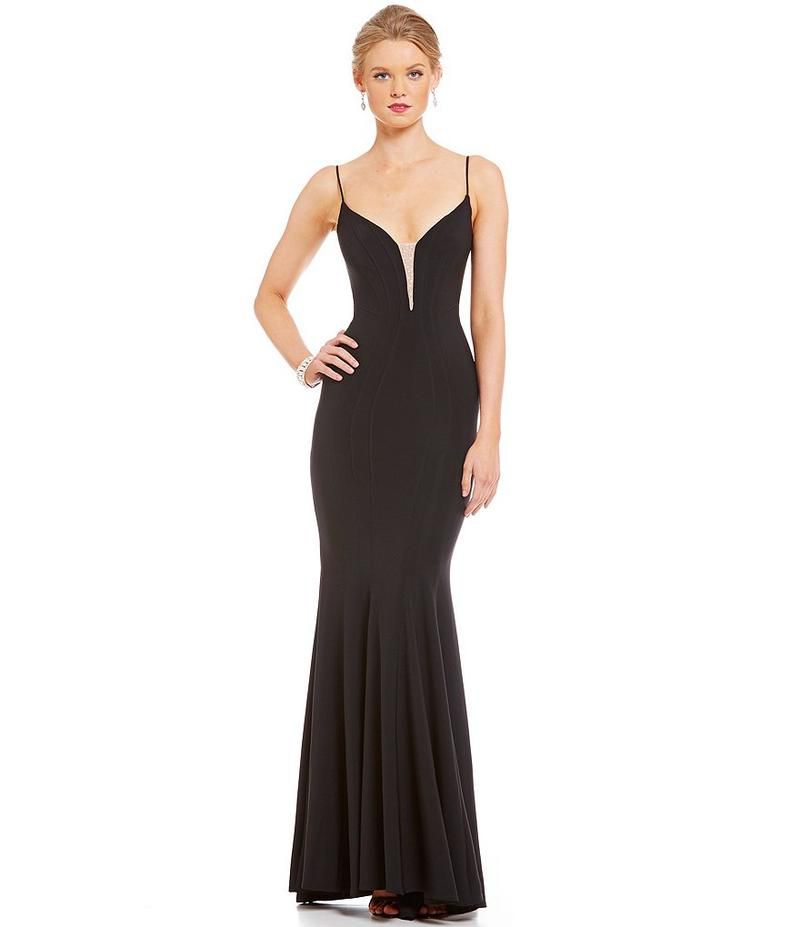 Betsy and Adam Size 8 Prom Plunge Sheer Black Floor Length Maxi on Queenly