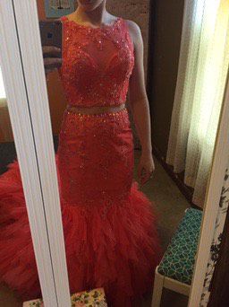 Size 4 Prom Halter Sheer Coral Floor Length Maxi on Queenly