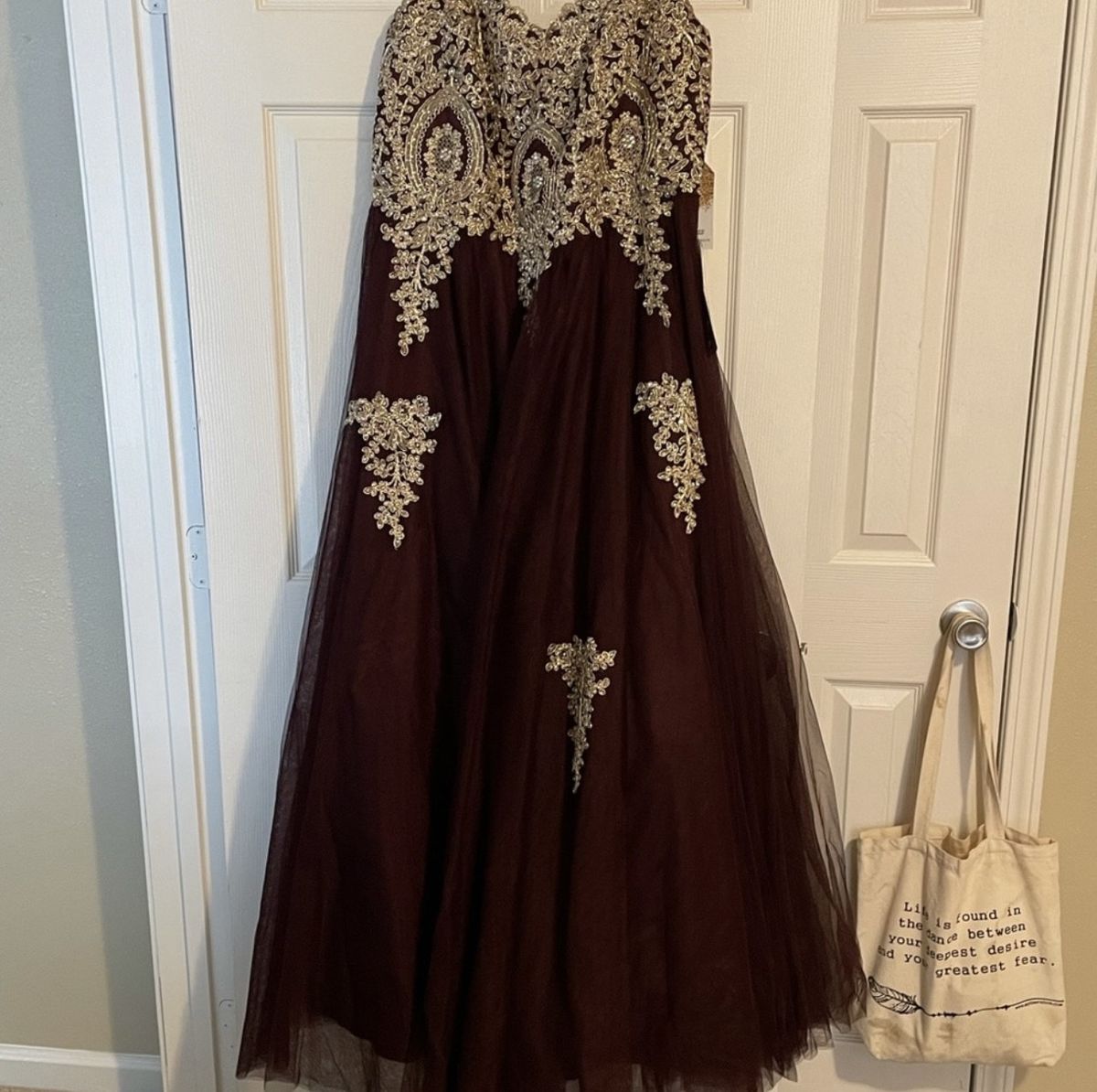 Say yes to the prom Plus Size 18 Prom Strapless Lace Burgundy Gold Ball Gown on Queenly